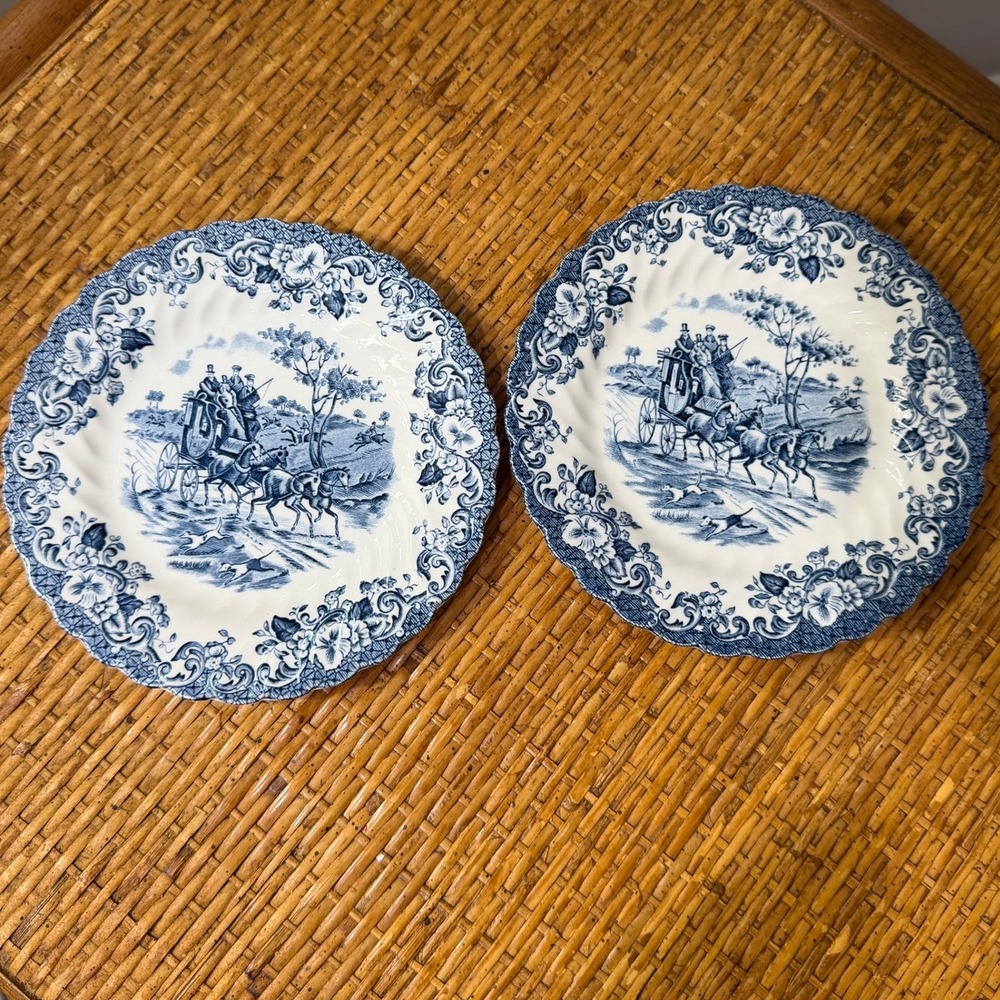 Vintage Johnson Brothers Coaching Scenes Blue Bread Butter Plates Pair